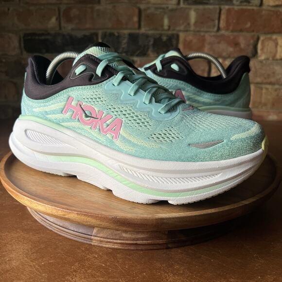 Hoka One One Bondi 9 Max Cushion Pink Green Women's 11 Running Shoes Sneakers - Picture 2 of 16